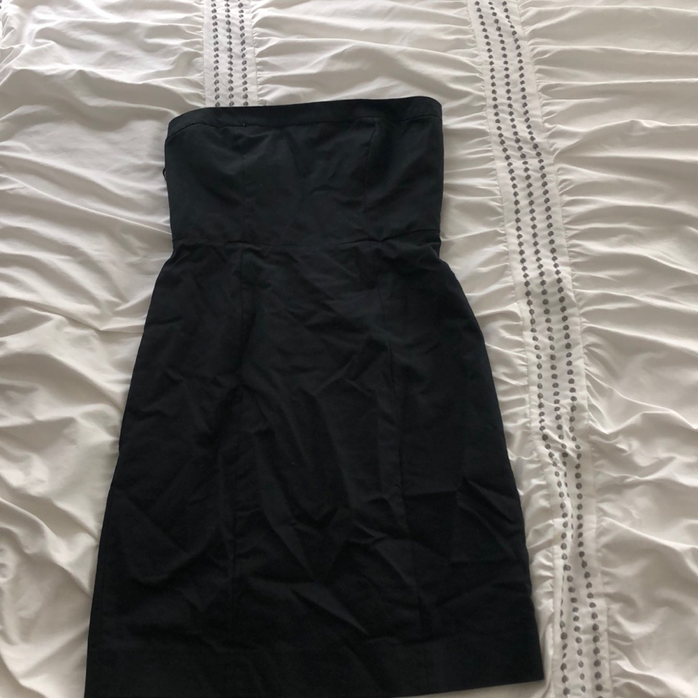 Black strapless dress.